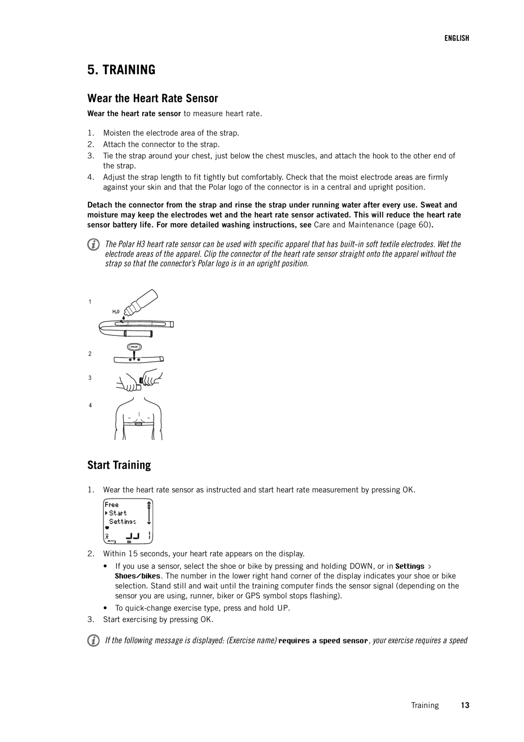 Polar RS800CX user manual Wear the Heart Rate Sensor, Start Training, Wear the heart rate sensor to measure heart rate 