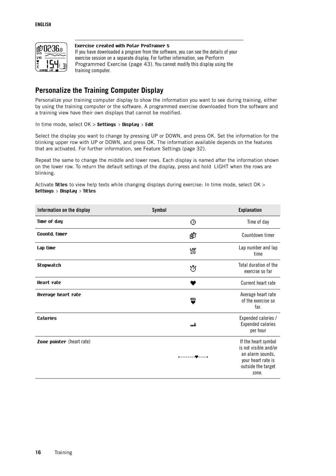 Polar RS800CX user manual Personalize the Training Computer Display, Information on the display Symbol Explanation 