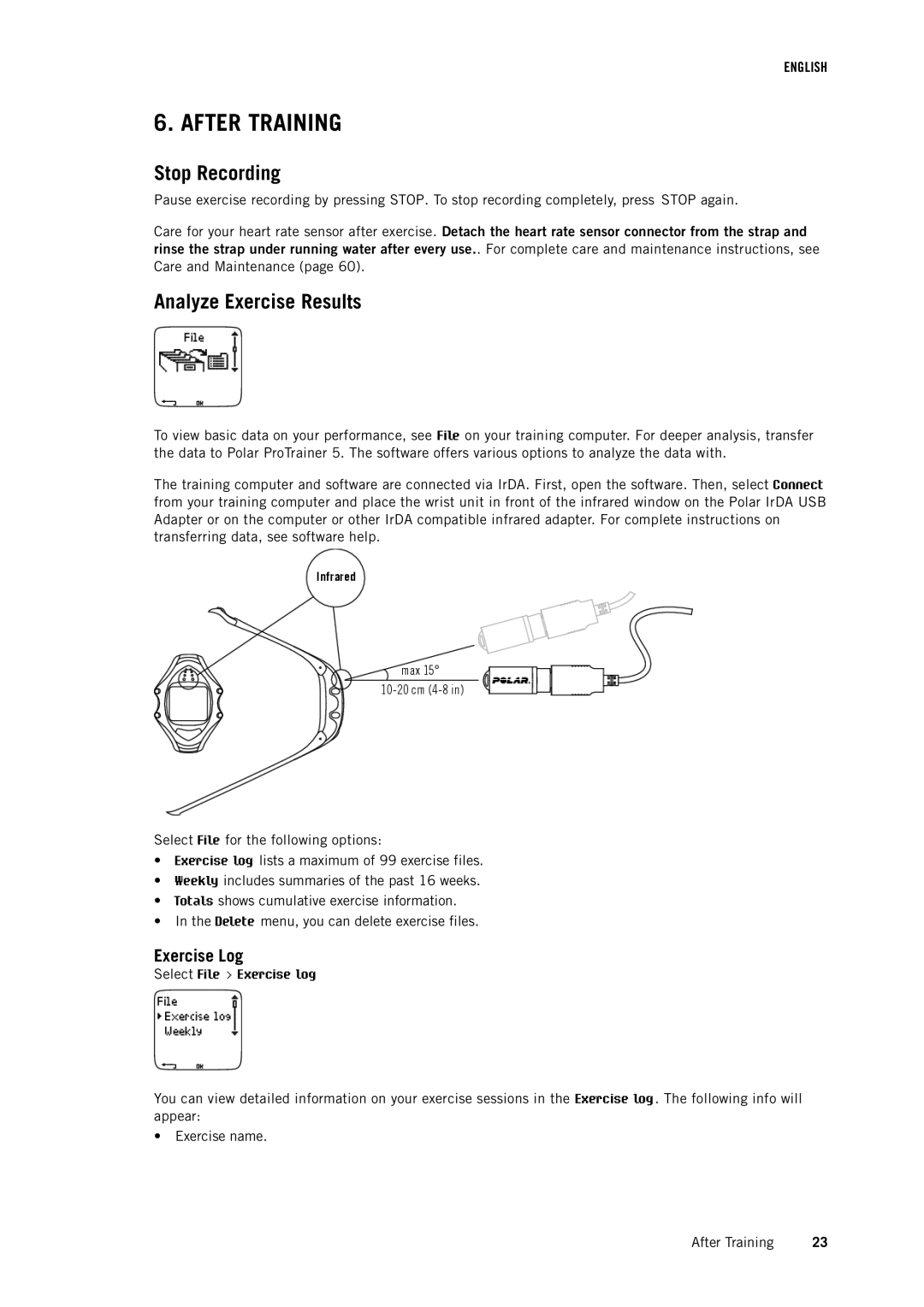 Polar RS800CX user manual After Training, Stop Recording, Analyze Exercise Results, Exercise Log 