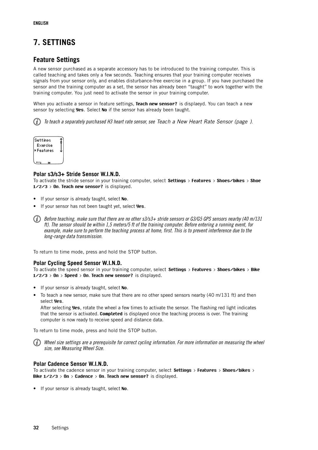 Polar RS800CX user manual Feature Settings, Polar s3/s3+ Stride Sensor W.I.N.D, Polar Cycling Speed Sensor W.I.N.D 