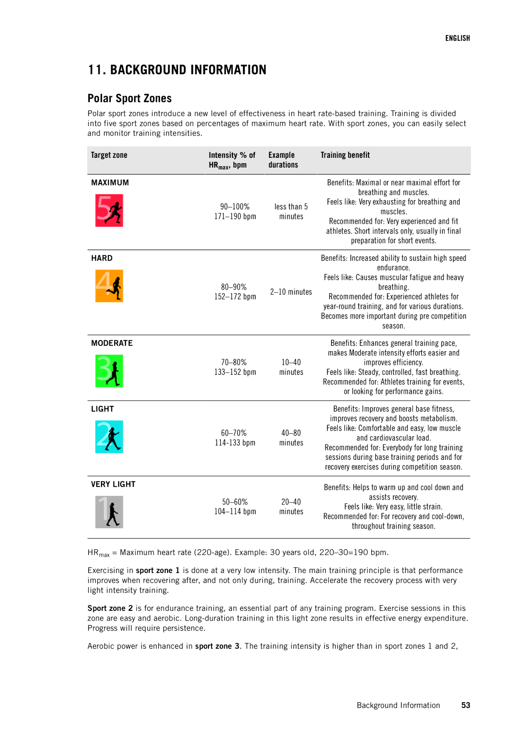 Polar RS800CX user manual Background Information, Polar Sport Zones, Target zone, Example Training benefit, Durations 