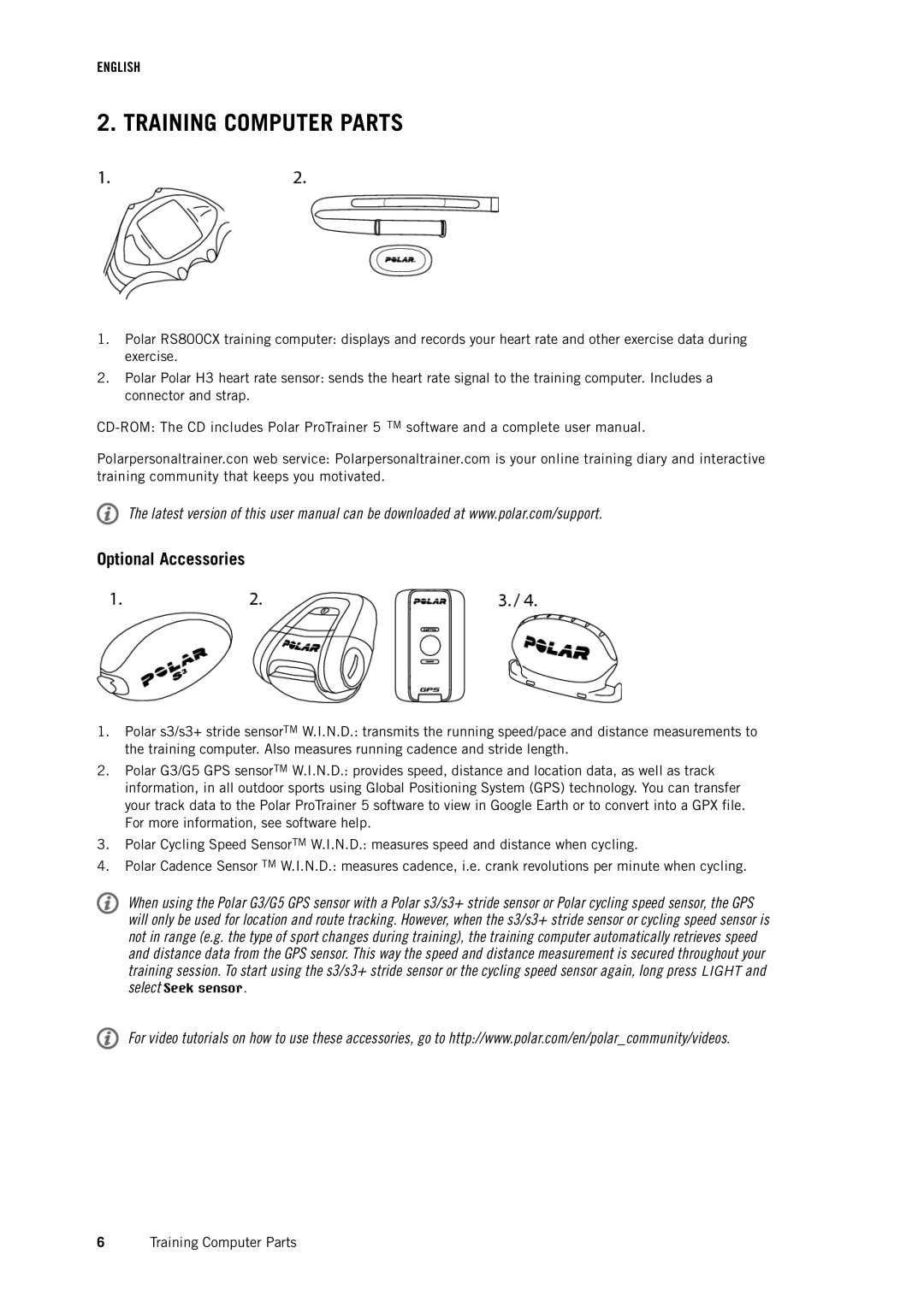 Polar RS800CX user manual Training Computer Parts, Optional Accessories 