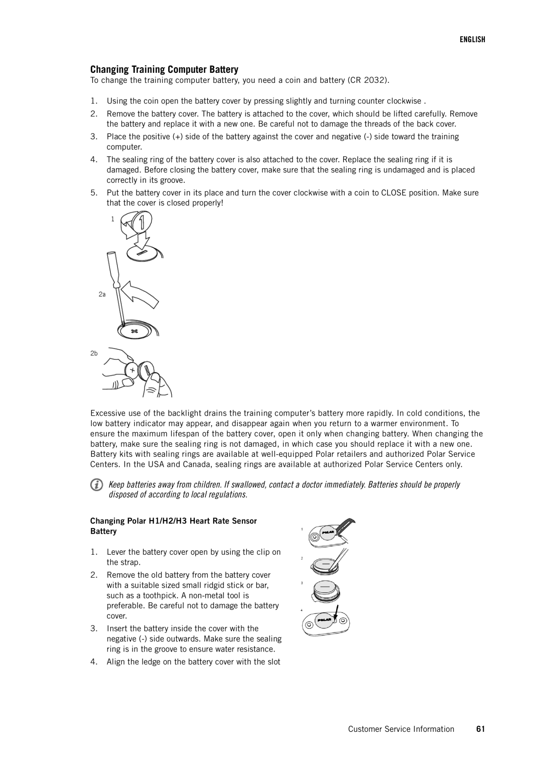 Polar RS800CX user manual Changing Training Computer Battery, Changing Polar H1/H2/H3 Heart Rate Sensor Battery 