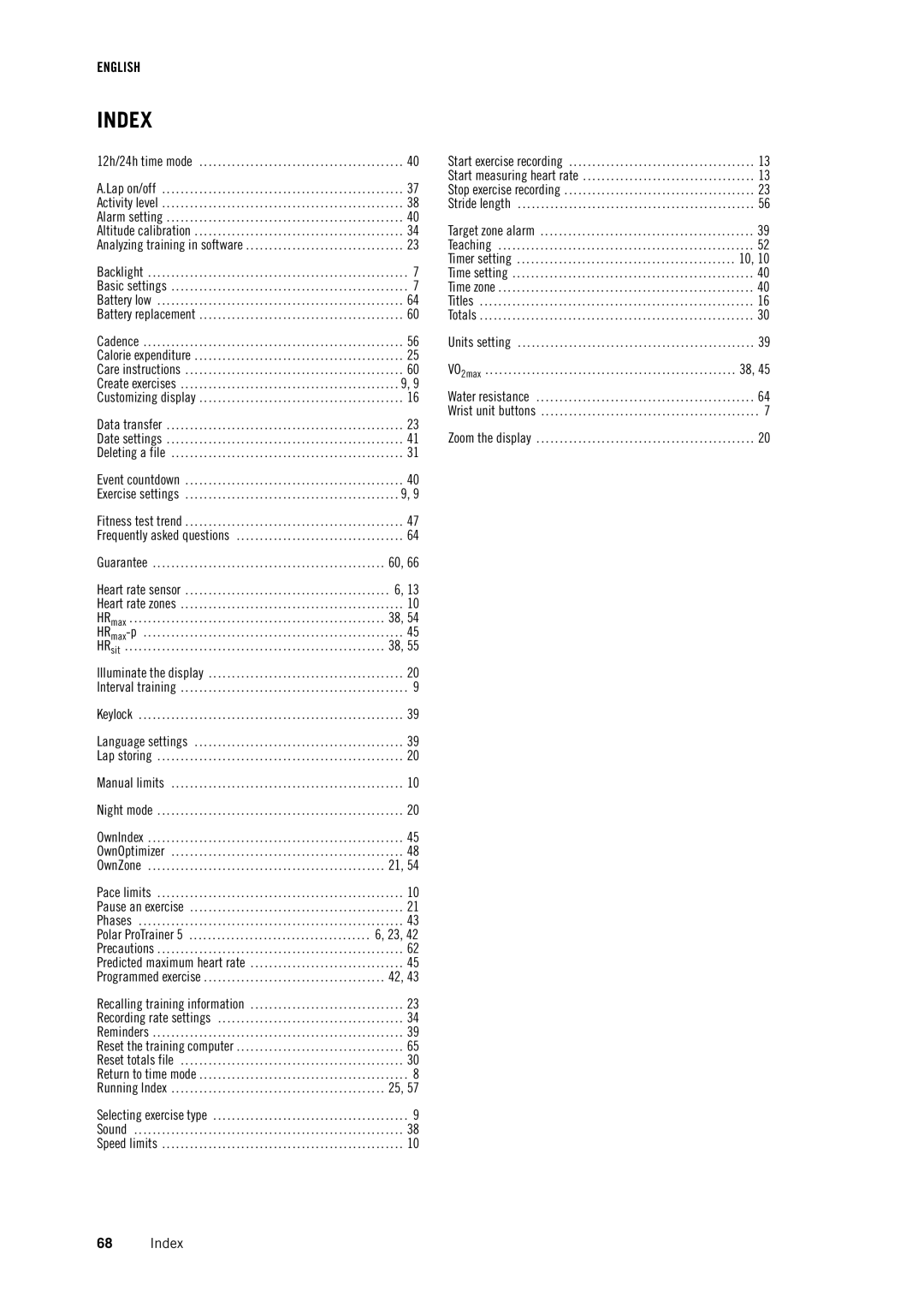 Polar RS800CX user manual Index 