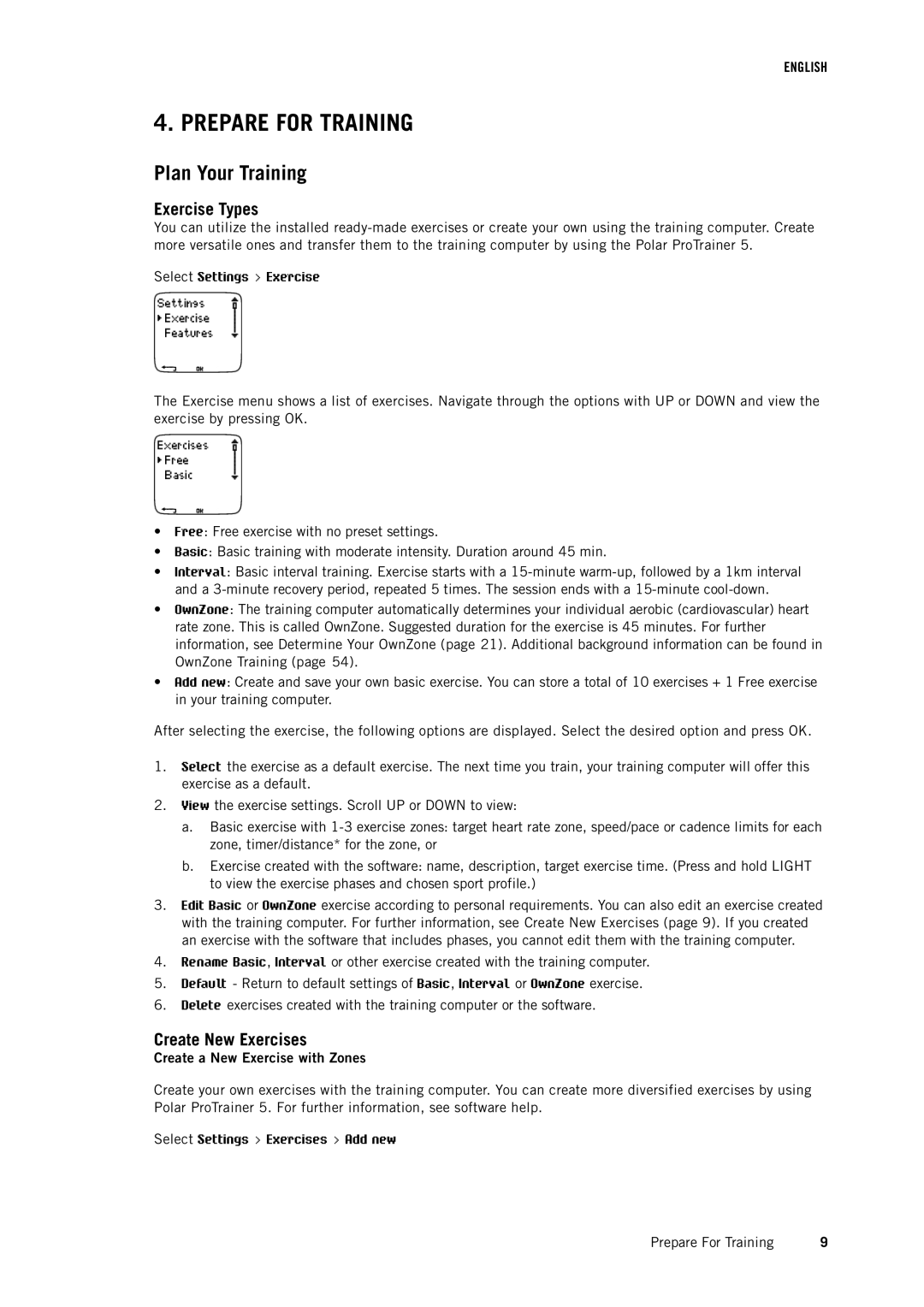 Polar RS800CX user manual Prepare for Training, Plan Your Training, Exercise Types, Create New Exercises 