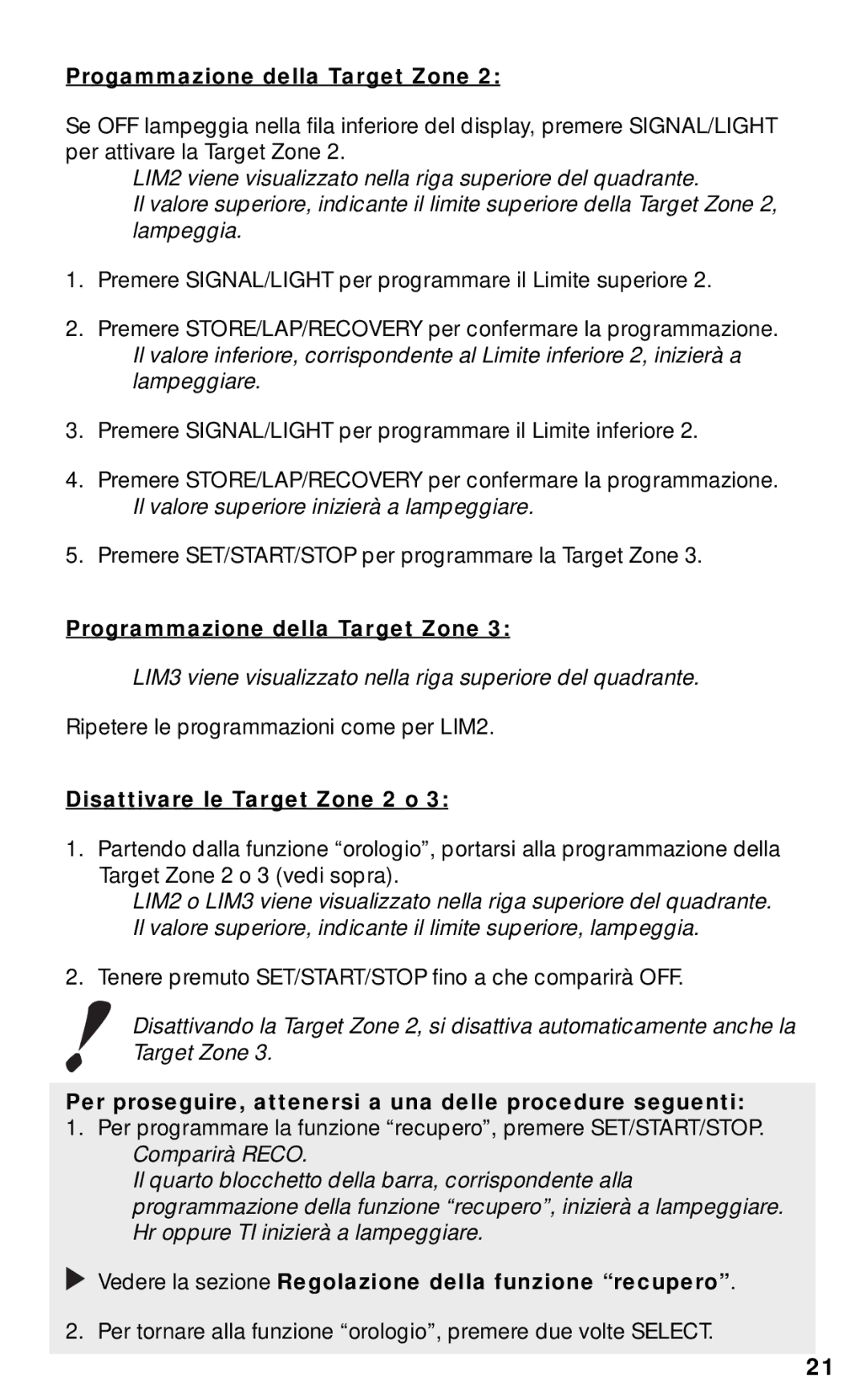 Polar RS800CX manual Progammazione della Target Zone, Programmazione della Target Zone, Disattivare le Target Zone 2 o 