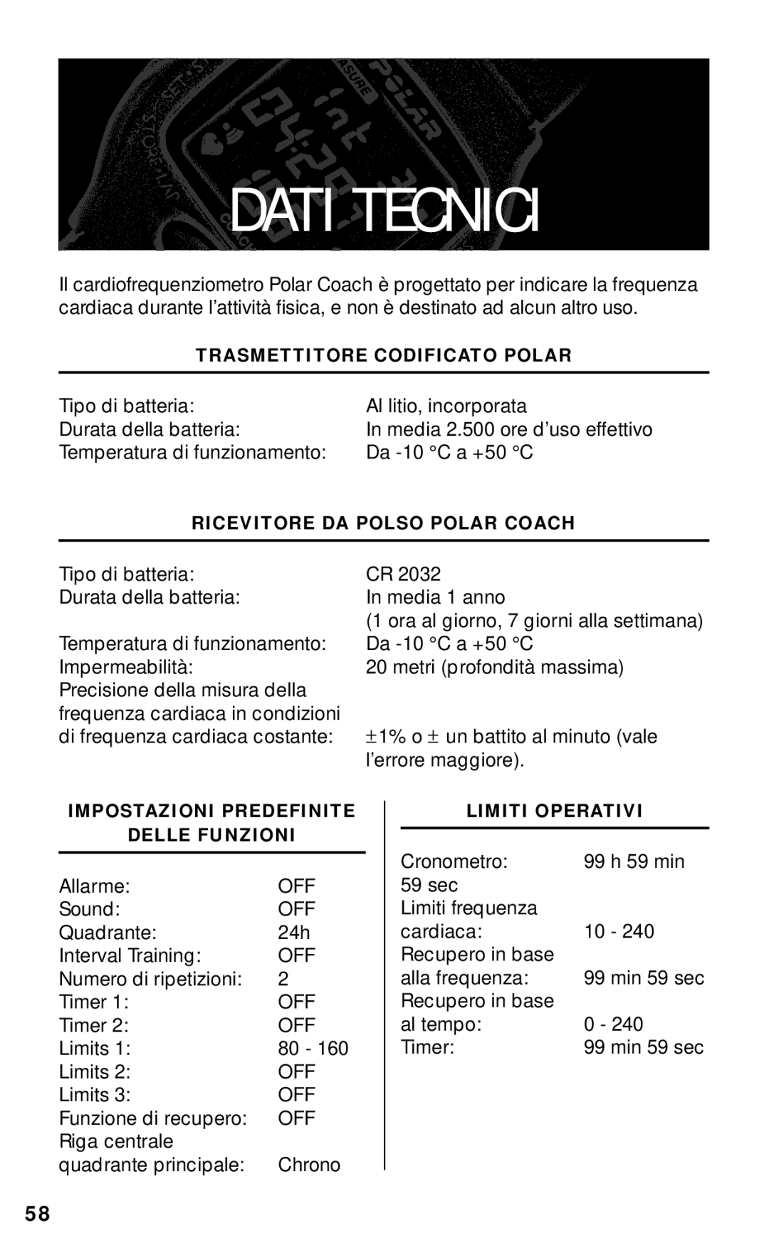 Polar RS800CX manual Dati Tecnici 