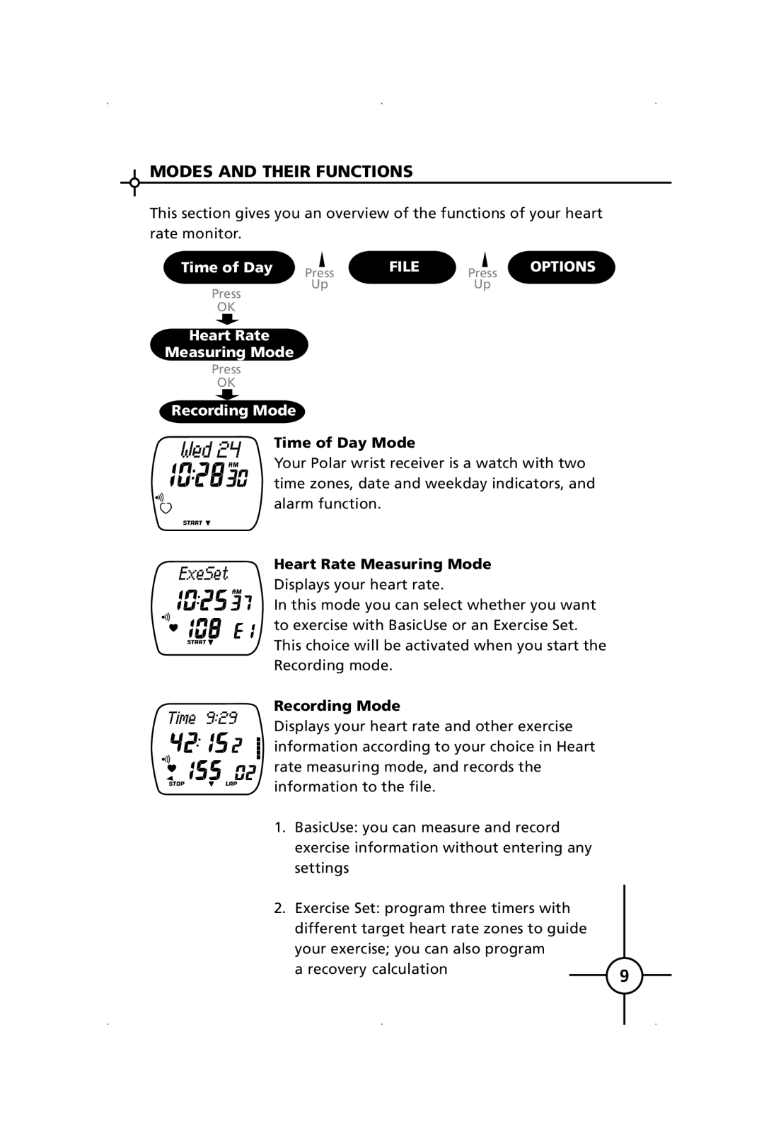 Polar S120, S150 manual Modes and Their Functions, Time of Day Mode, Heart Rate Measuring Mode, Recording Mode 