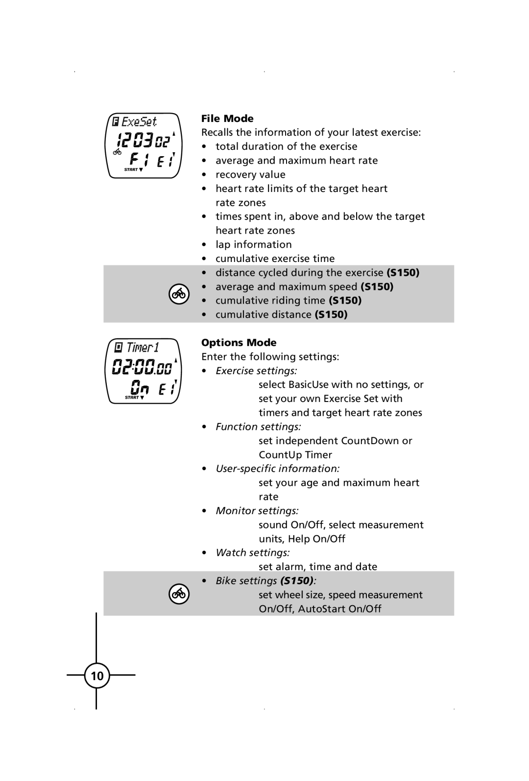 Polar S150, S120 manual File Mode, Options Mode 