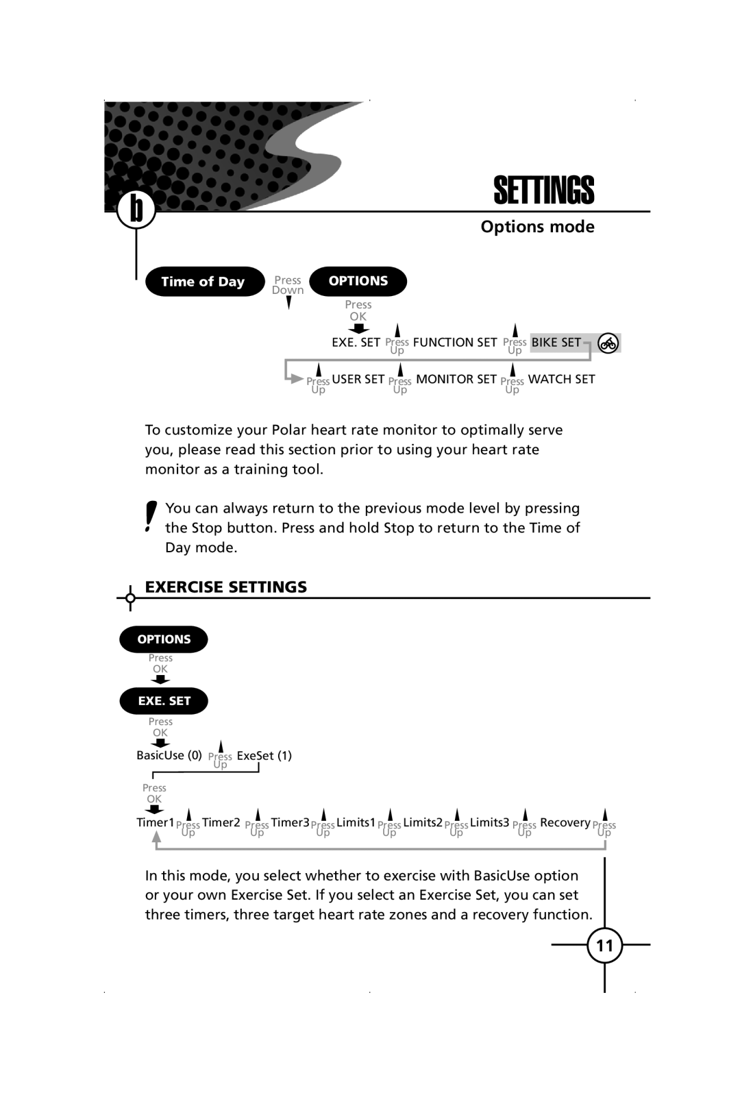 Polar S120, S150 manual Exercise Settings 