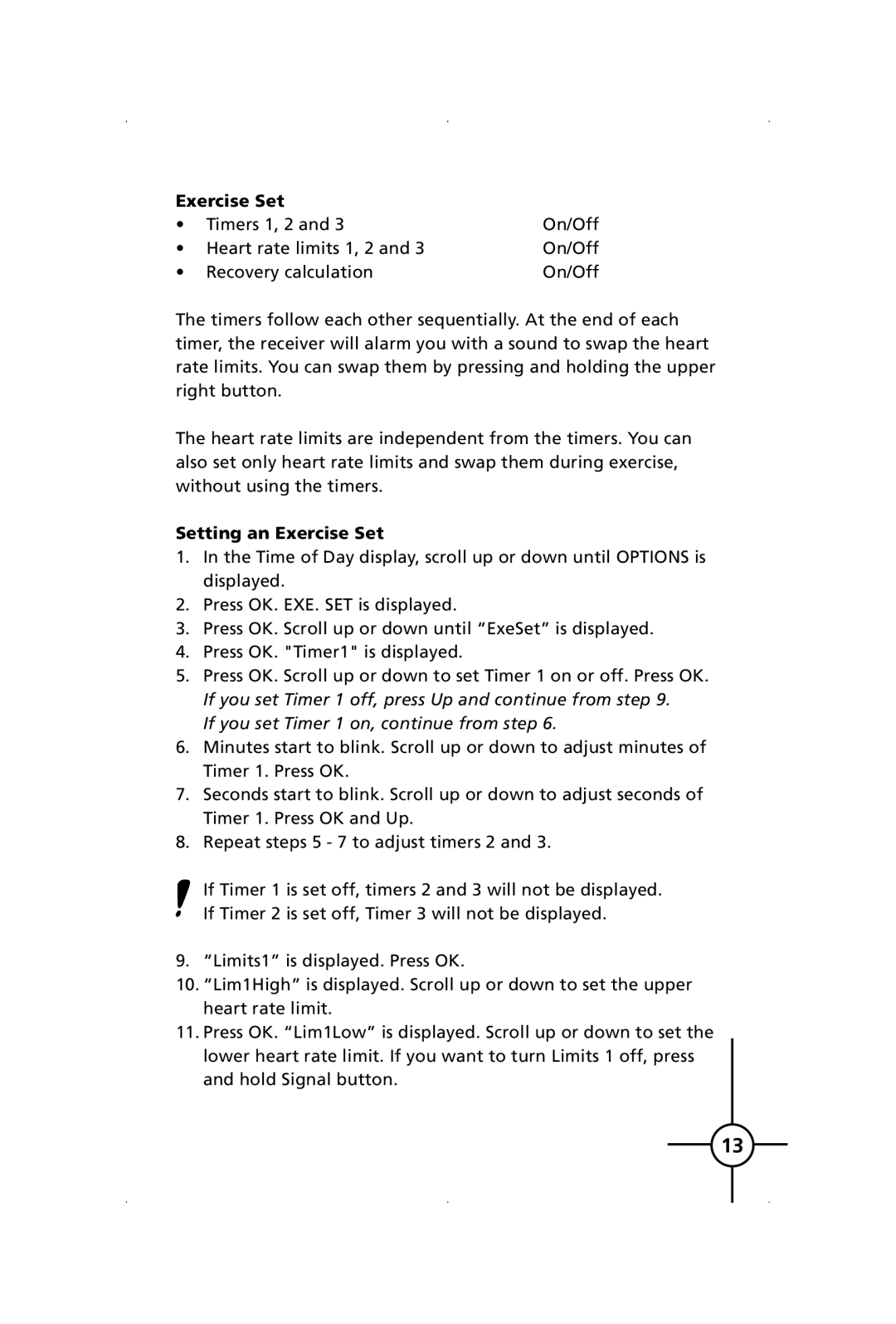 Polar S120, S150 manual Setting an Exercise Set, If you set Timer 1 on, continue from step 