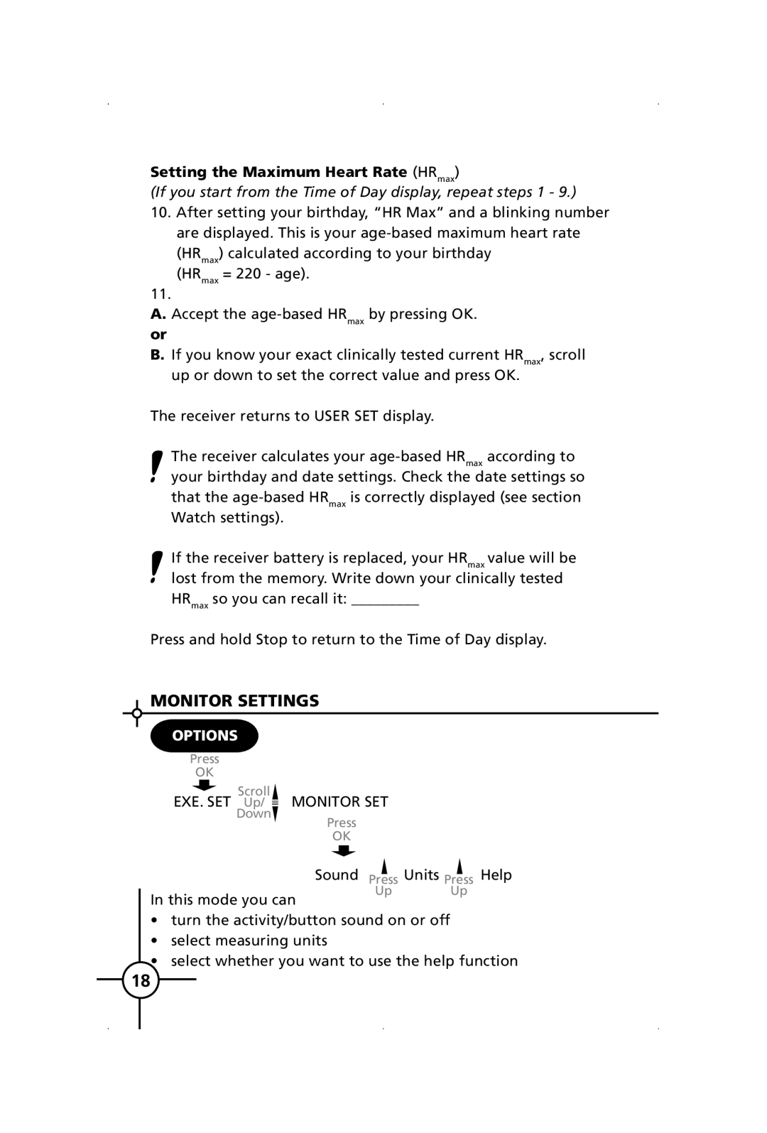 Polar S150, S120 manual Monitor Settings, Setting the Maximum Heart Rate HRmax 