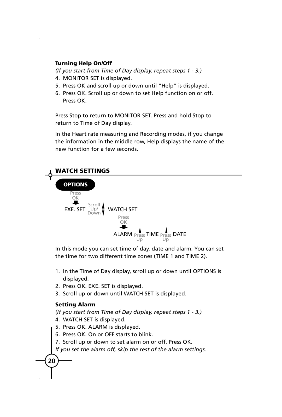 Polar S150, S120 manual Watch Settings, Turning Help On/Off, Setting Alarm 