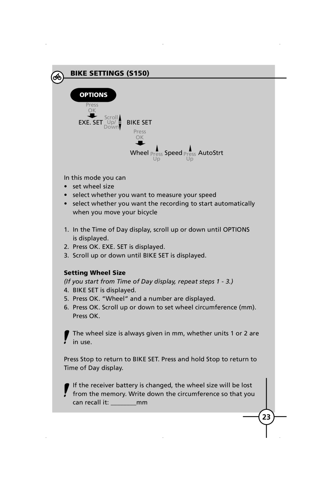 Polar S120 manual Bike Settings S150, Setting Wheel Size 