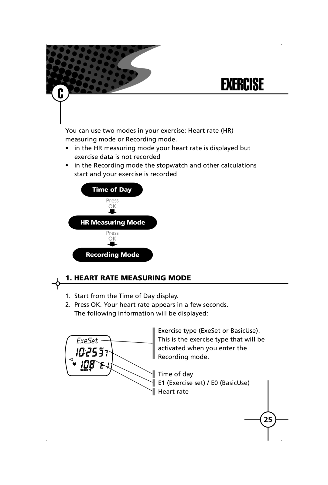 Polar S120, S150 manual Exercise, Heart Rate Measuring Mode 