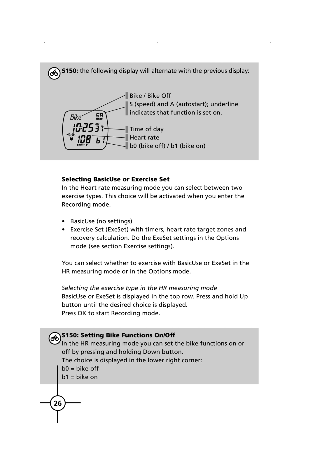 Polar S120 manual Selecting BasicUse or Exercise Set, S150 Setting Bike Functions On/Off 