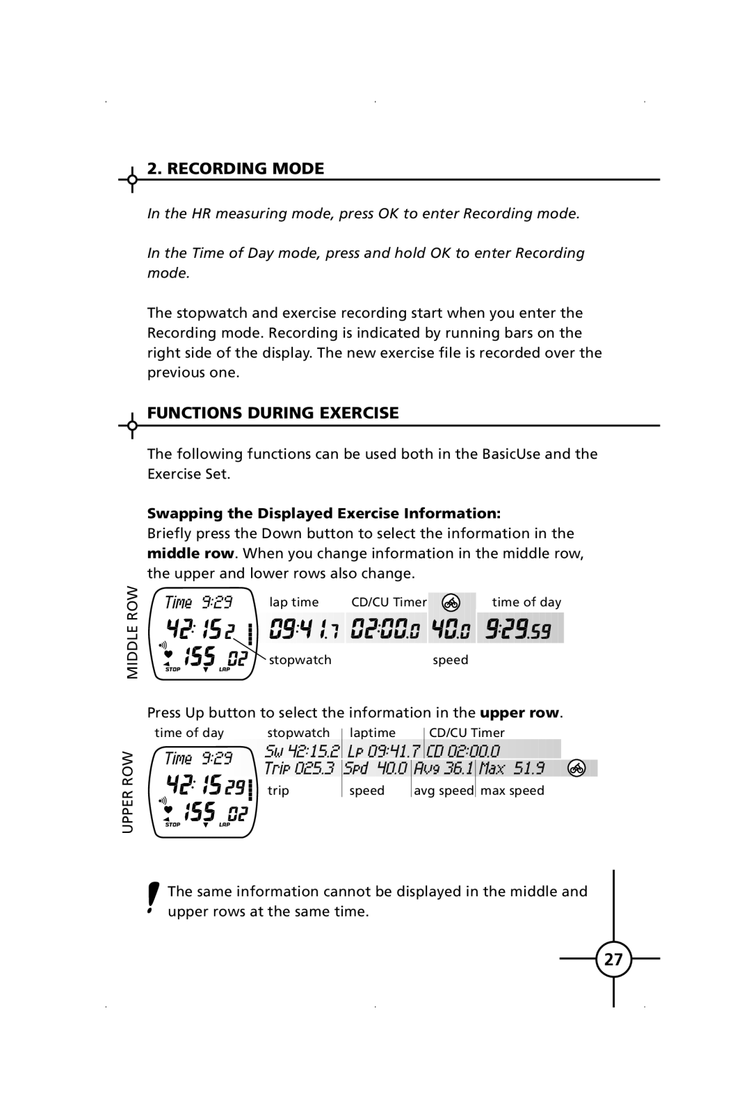 Polar S120, S150 manual Recording Mode, Functions During Exercise, Swapping the Displayed Exercise Information 