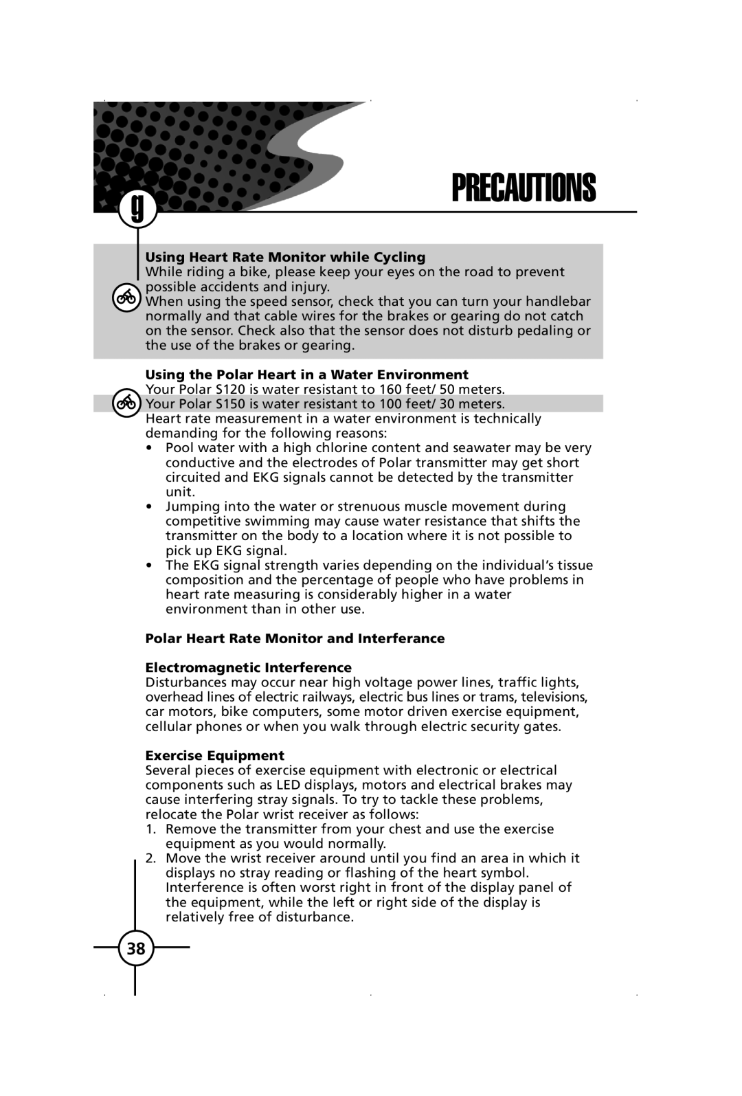 Polar S150, S120 manual Precautions 