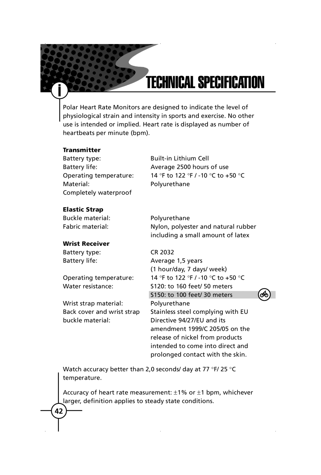 Polar S150, S120 manual Technical Specification, Elastic Strap 