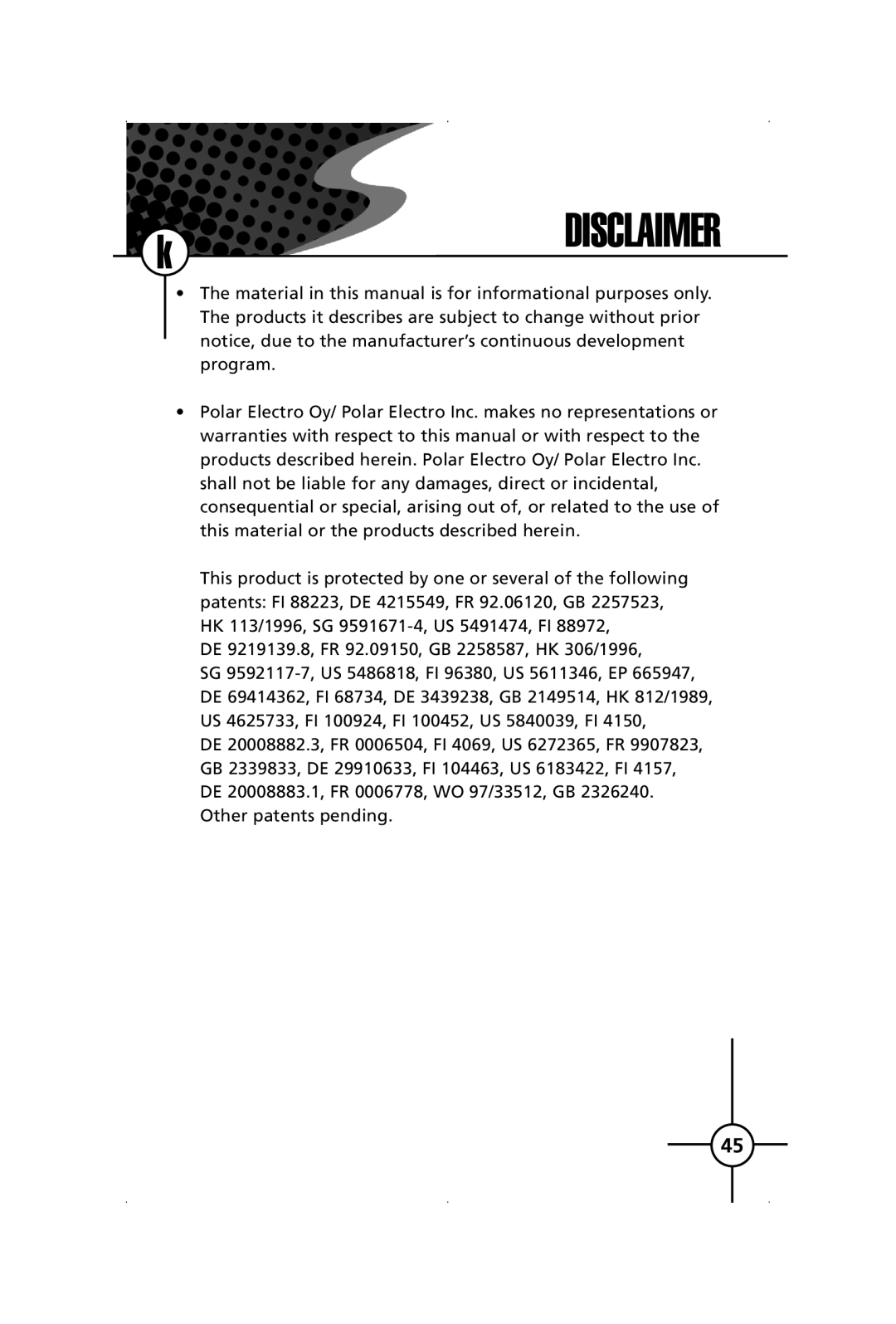 Polar S120, S150 manual Disclaimer 