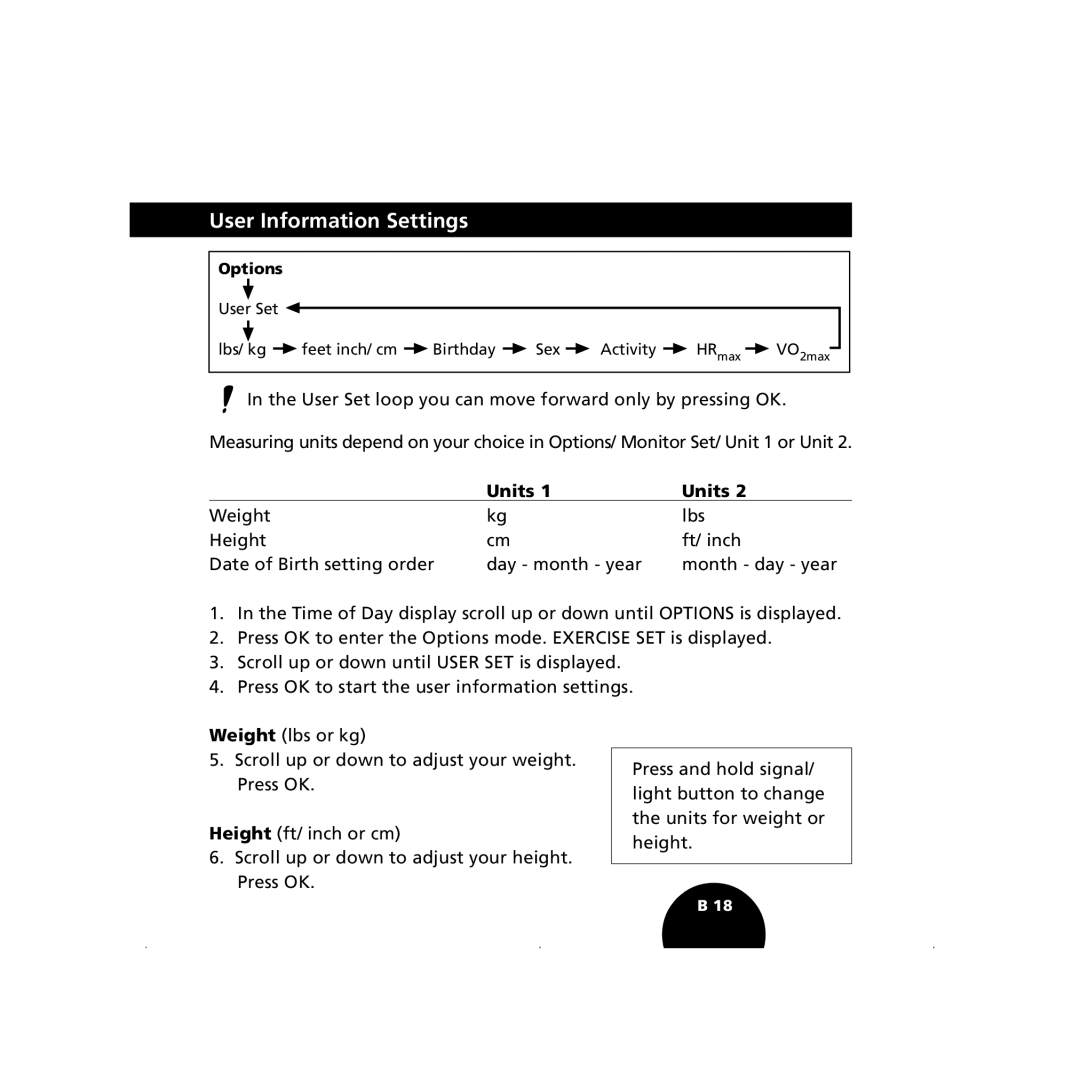 Polar S410, S210 user manual User Information Settings, Units 