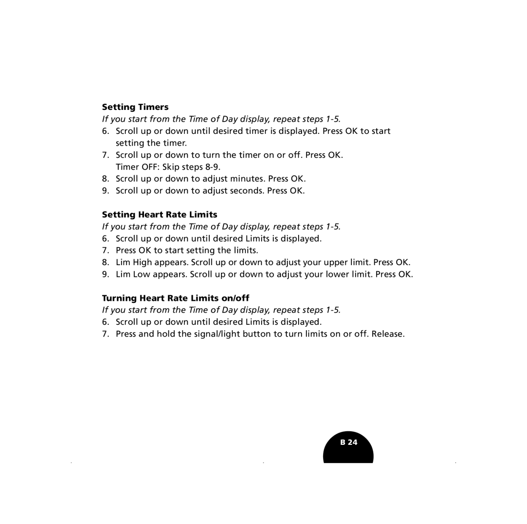 Polar S410, S210 user manual Setting Timers, Setting Heart Rate Limits, Turning Heart Rate Limits on/off 