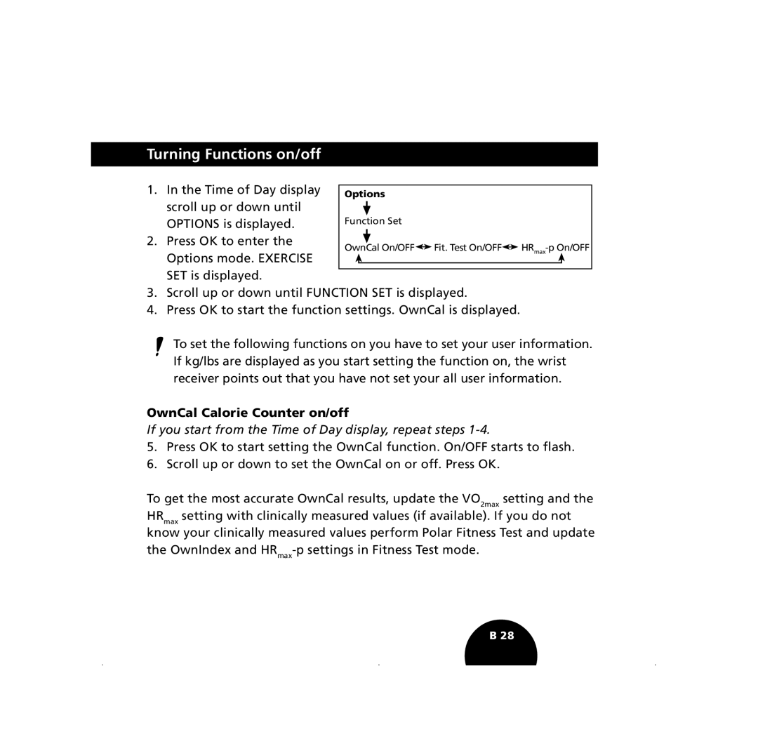 Polar S410, S210 user manual Turning Functions on/off, OwnCal Calorie Counter on/off 