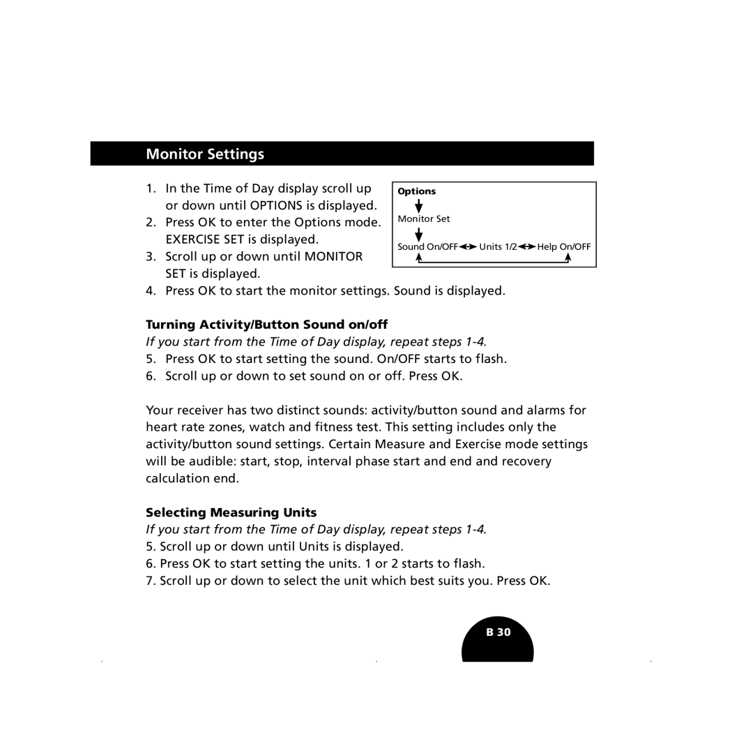 Polar S410, S210 user manual Monitor Settings, Turning Activity/Button Sound on/off, Selecting Measuring Units 