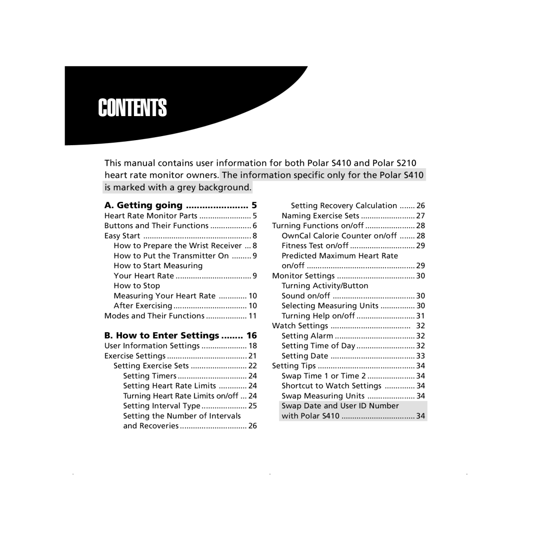 Polar S410, S210 user manual Contents 