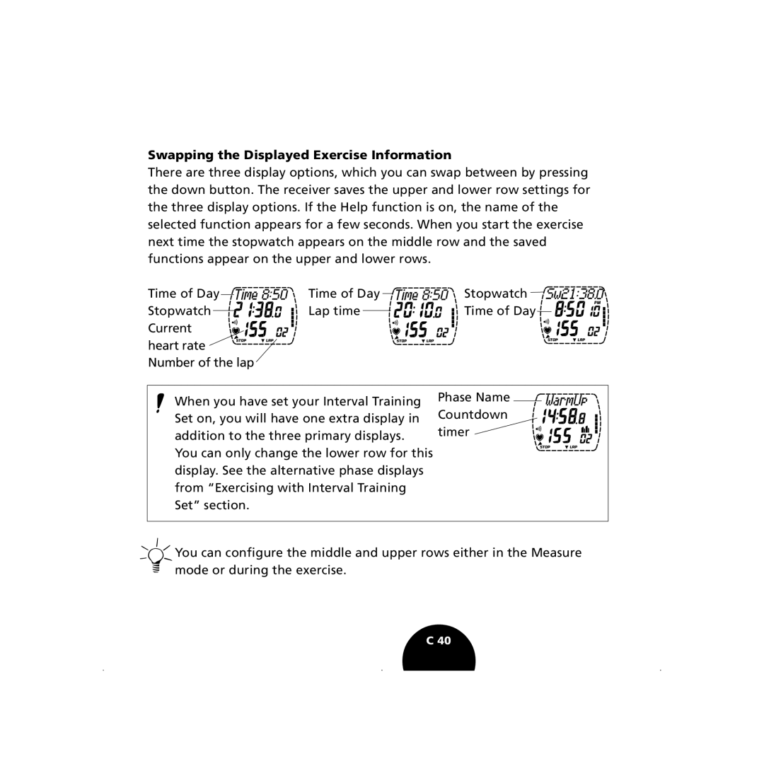 Polar S410, S210 user manual Swapping the Displayed Exercise Information 