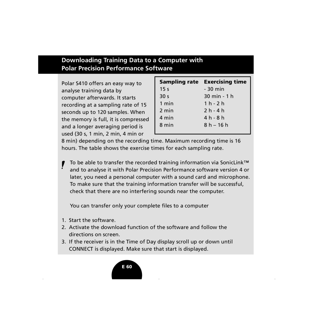 Polar S410, S210 user manual Sampling rate Exercising time 