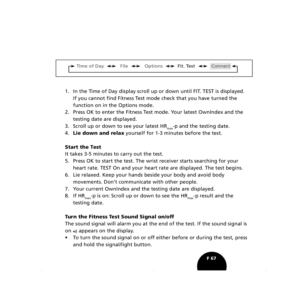 Polar S210, S410 user manual Start the Test, Turn the Fitness Test Sound Signal on/off 