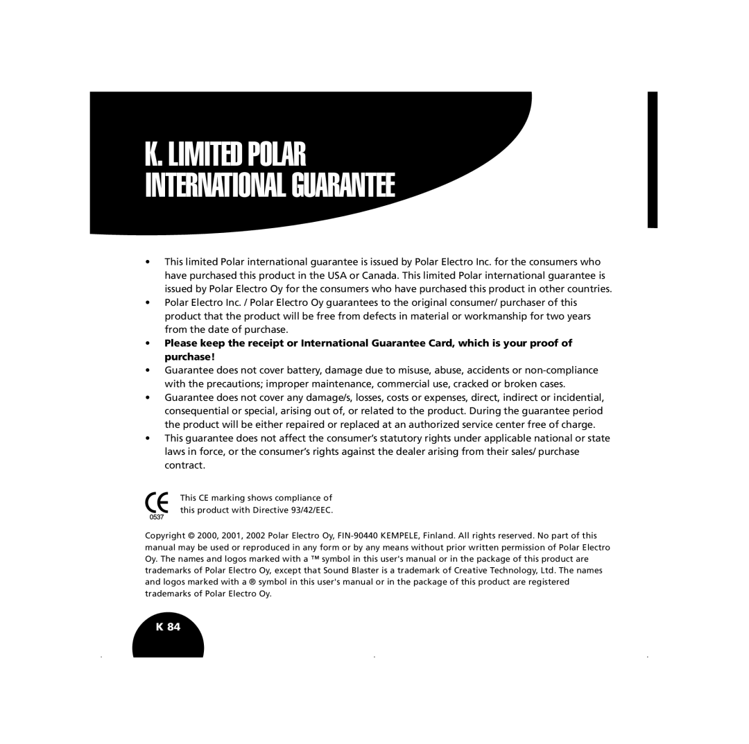 Polar S410, S210 user manual Limited Polar International Guarantee 