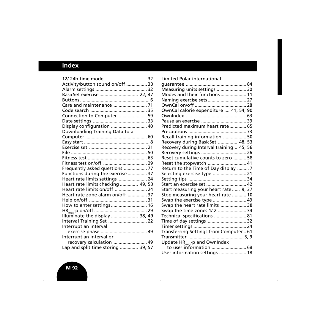 Polar S410, S210 user manual Index, Limited Polar international 