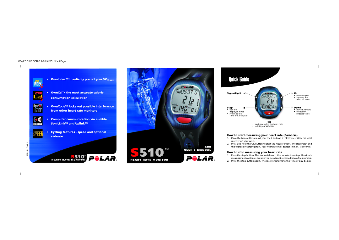 Polar S510 user manual OwnIndex to reliably predict your VO2max, Signal/Light Stop, Down 