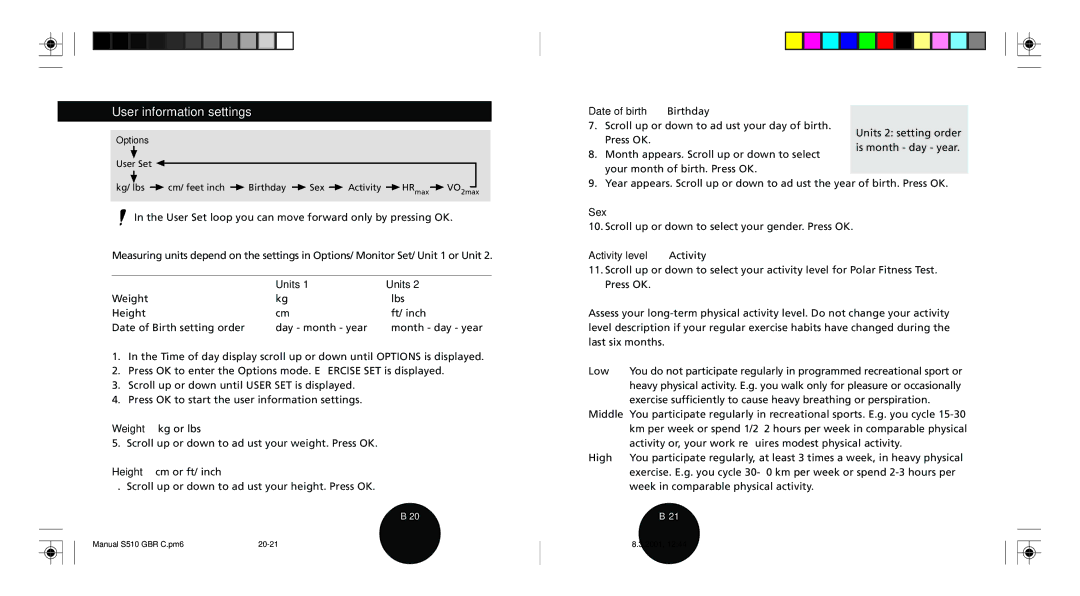 Polar S510 user manual User information settings, Units, Date of birth Birthday, Sex, Activity level Activity 