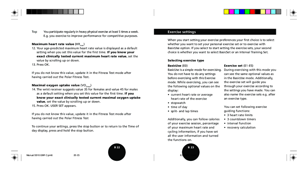 Polar S510 Exercise settings, Maximum heart rate value HRmax, Maximal oxygen uptake value VO2max, Exercise set E1-E5 