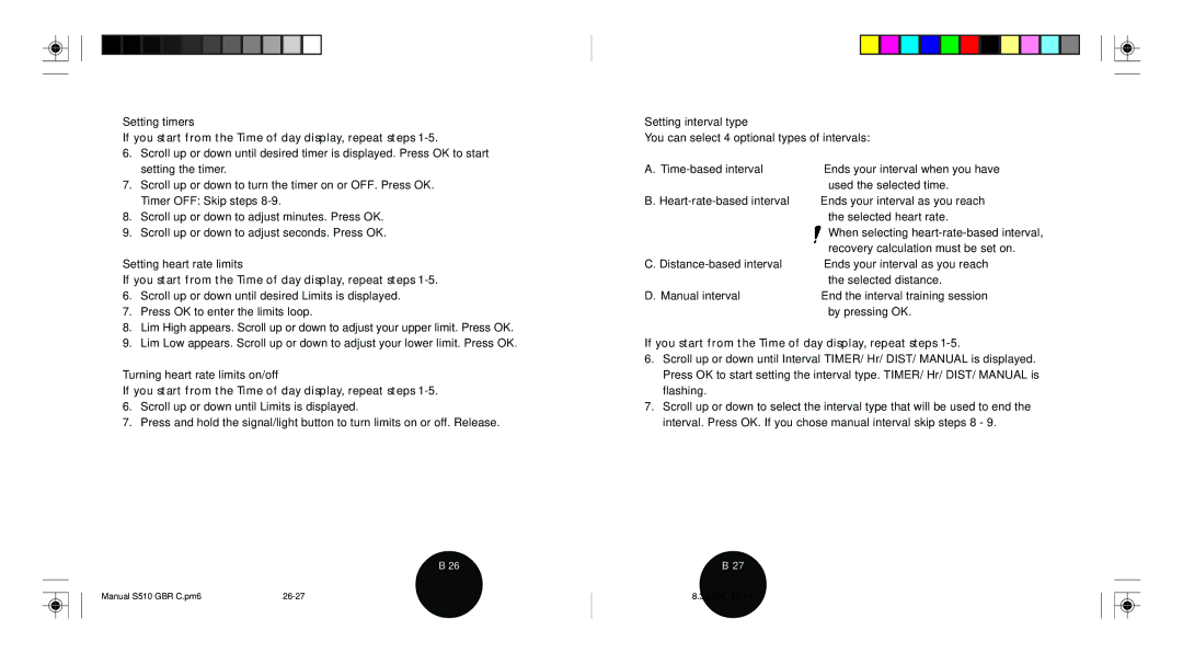 Polar S510 user manual Setting timers, Setting heart rate limits, Turning heart rate limits on/off, Setting interval type 