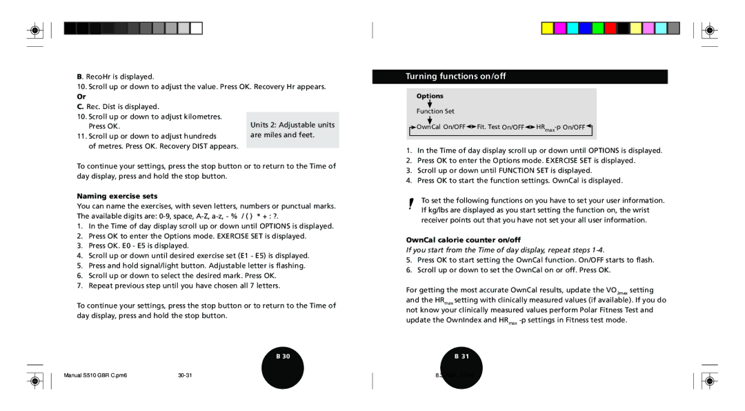 Polar S510 user manual Turning functions on/off, Naming exercise sets, OwnCal calorie counter on/off 