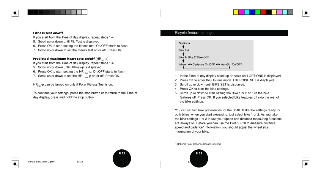 Polar S510 user manual Bicycle feature settings, Fitness test on/off, Predicted maximum heart rate on/off HRmax-p 