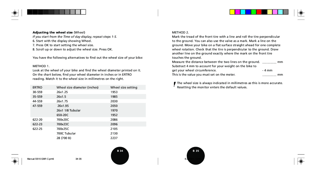 Polar S510 user manual Adjusting the wheel size Wheel, Method 