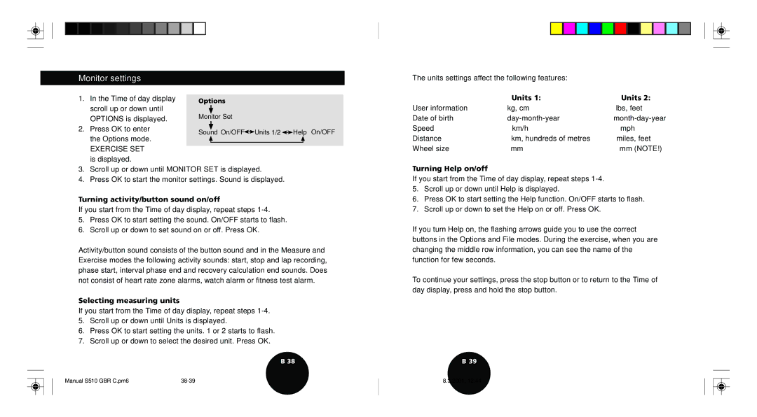 Polar S510 Monitor settings, Turning activity/button sound on/off, Selecting measuring units, Turning Help on/off 