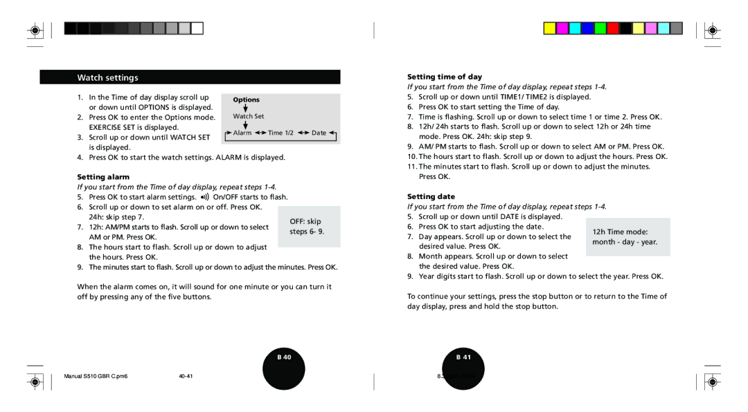 Polar S510 user manual Watch settings, Setting time of day, Setting alarm, Setting date 