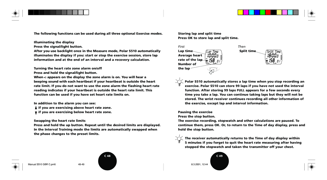 Polar S510 user manual Illuminating the display, Turning the heart rate zone alarm on/off, Swapping the heart rate limits 