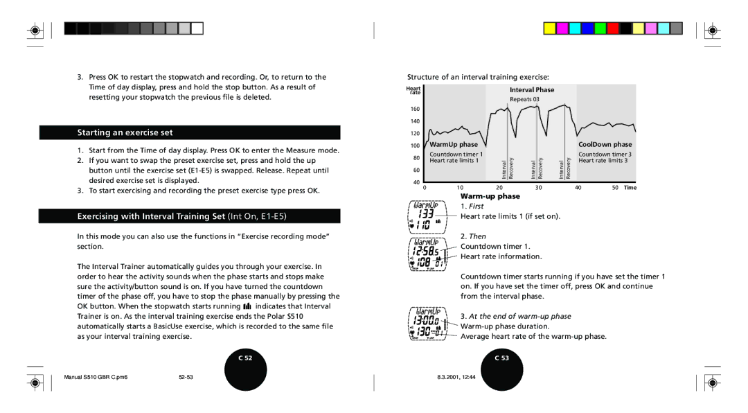 Polar S510 user manual Starting an exercise set, Exercising with Interval Training Set Int On, E1-E5, Warm-up phase 