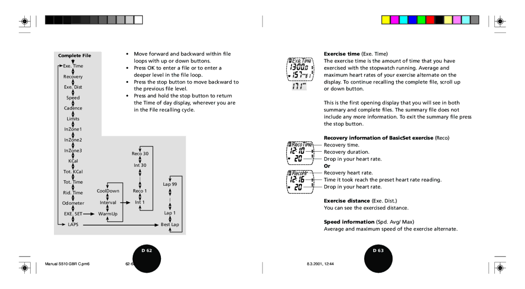 Polar S510 user manual Exercise time Exe. Time, Recovery information of BasicSet exercise Reco, Exercise distance Exe. Dist 