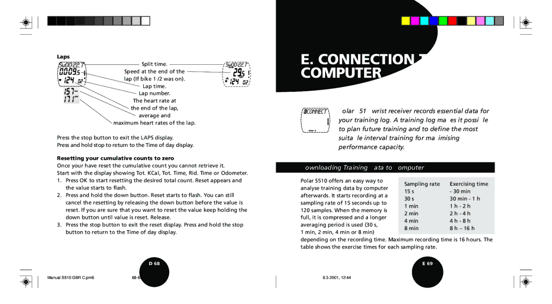 Polar S510 Connection to Computer, Downloading Training Data to Computer, Laps, Resetting your cumulative counts to zero 