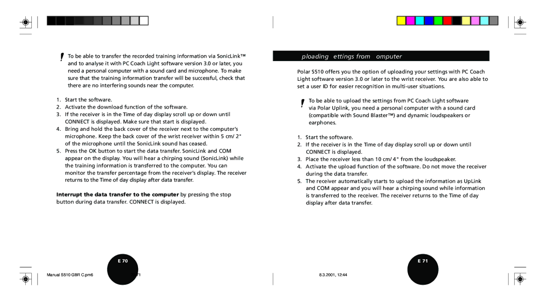 Polar S510 user manual Uploading Settings from Computer 