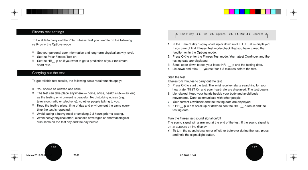 Polar S510 Fitness test settings, Carrying out the test, Start the test, Turn the fitness test sound signal on/off 