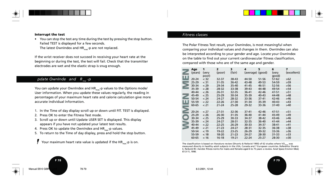 Polar S510 user manual Update OwnIndex and HRmax-p, Fitness classes, Interrupt the test 